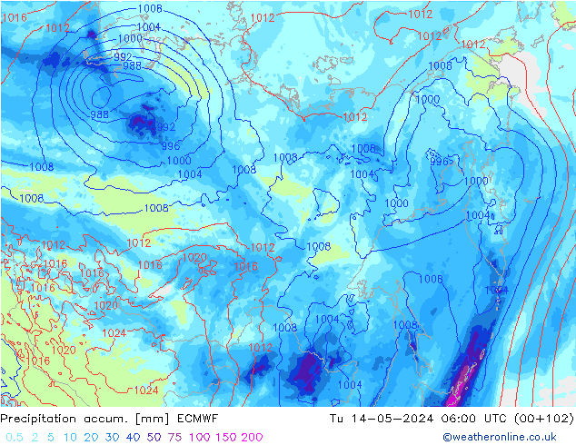 Precipitation accum. ECMWF mar 14.05.2024 06 UTC