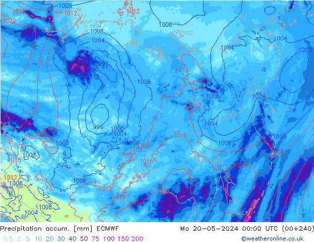 Precipitation accum. ECMWF pon. 20.05.2024 00 UTC