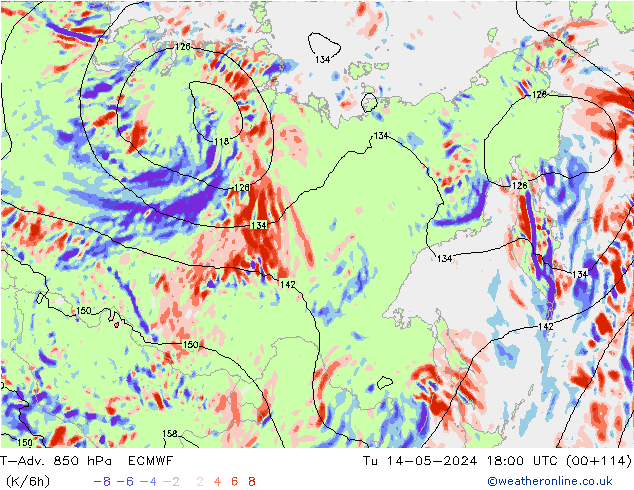 T-Adv. 850 hPa ECMWF wto. 14.05.2024 18 UTC