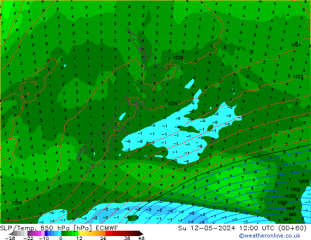 SLP/Temp. 850 гПа ECMWF Вс 12.05.2024 12 UTC