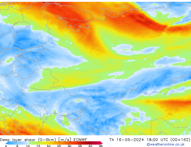 Deep layer shear (0-6km) ECMWF  16.05.2024 18 UTC