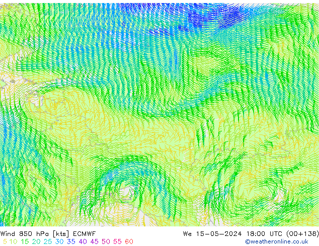 wiatr 850 hPa ECMWF śro. 15.05.2024 18 UTC