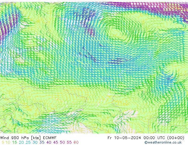 Wind 950 hPa ECMWF Pá 10.05.2024 00 UTC