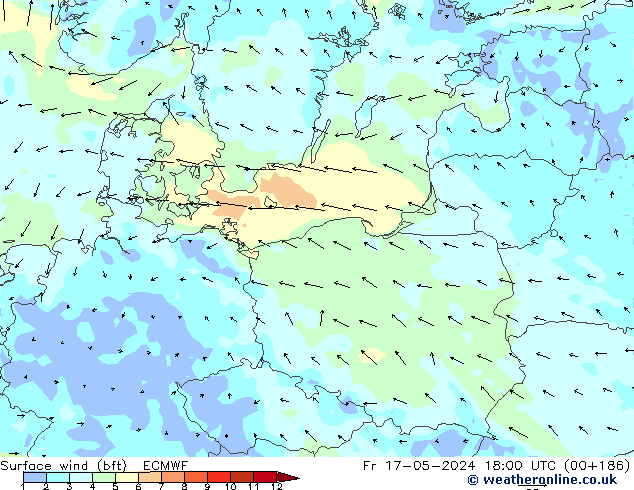 Bodenwind (bft) ECMWF Fr 17.05.2024 18 UTC