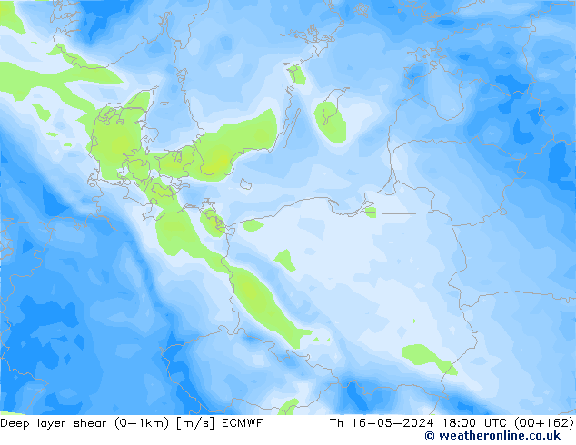 Deep layer shear (0-1km) ECMWF czw. 16.05.2024 18 UTC