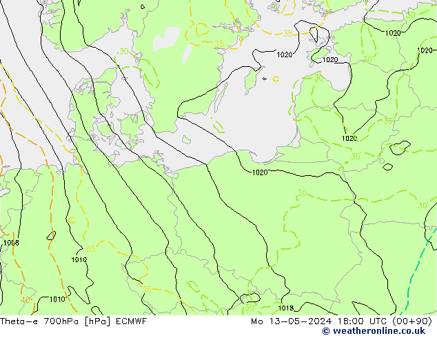 Theta-e 700hPa ECMWF Mo 13.05.2024 18 UTC