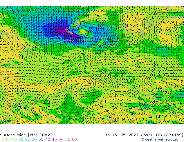 Vento 10 m ECMWF gio 16.05.2024 06 UTC