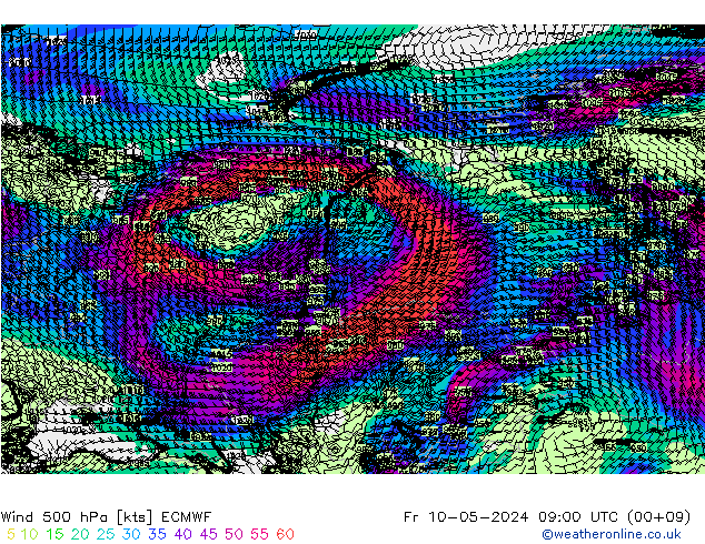 Wind 500 hPa ECMWF Fr 10.05.2024 09 UTC