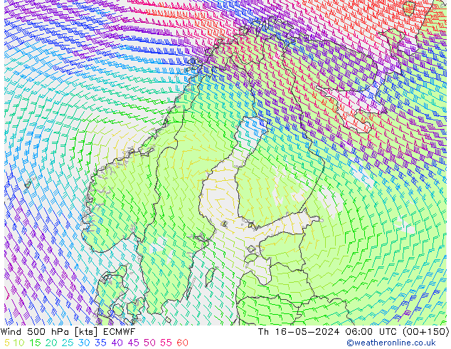ветер 500 гПа ECMWF чт 16.05.2024 06 UTC