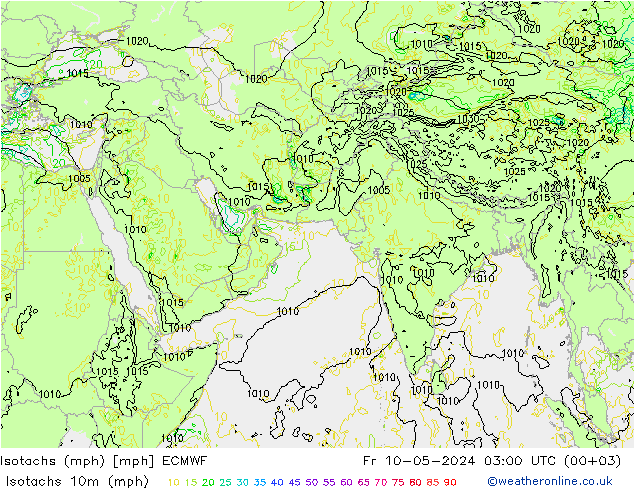Isotachs (mph) ECMWF 星期五 10.05.2024 03 UTC