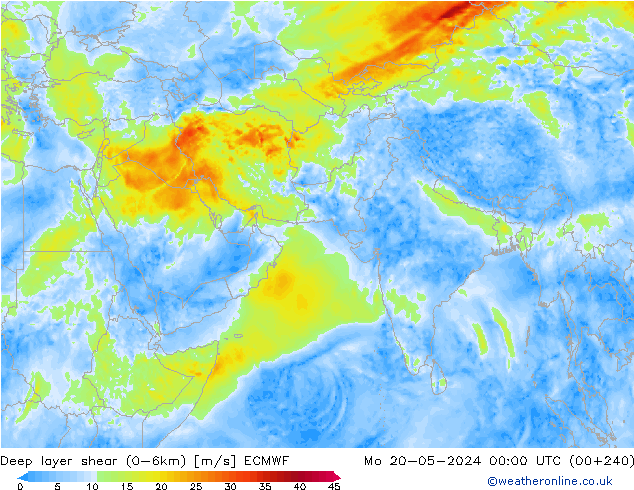 Deep layer shear (0-6km) ECMWF Mo 20.05.2024 00 UTC