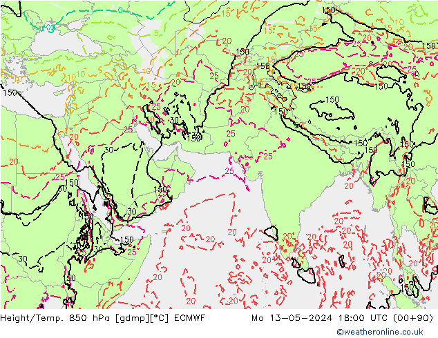 Height/Temp. 850 hPa ECMWF Po 13.05.2024 18 UTC