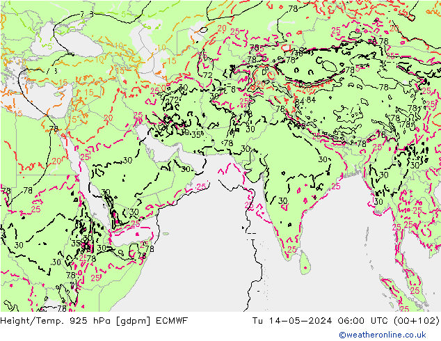 Yükseklik/Sıc. 925 hPa ECMWF Sa 14.05.2024 06 UTC