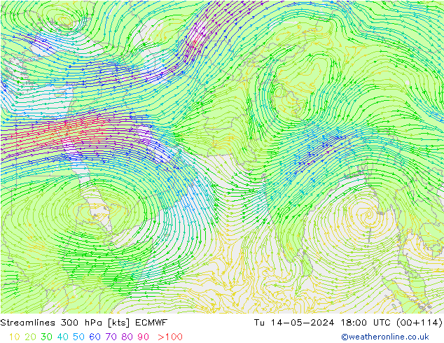 Linea di flusso 300 hPa ECMWF mar 14.05.2024 18 UTC