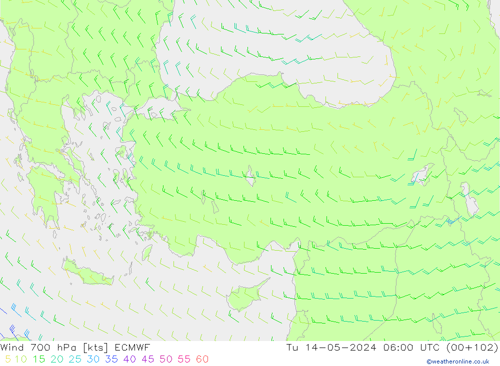Wind 700 hPa ECMWF Út 14.05.2024 06 UTC