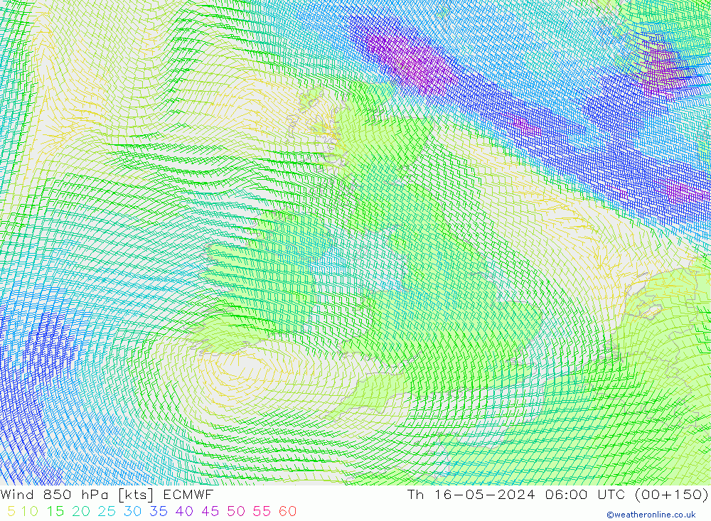 Wind 850 hPa ECMWF Čt 16.05.2024 06 UTC