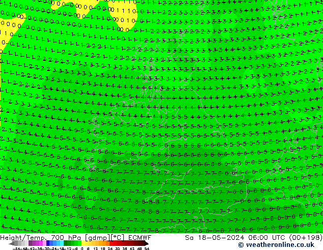 Geop./Temp. 700 hPa ECMWF sáb 18.05.2024 06 UTC