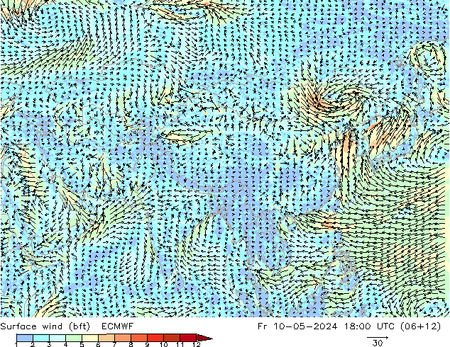 Surface wind (bft) ECMWF Fr 10.05.2024 18 UTC