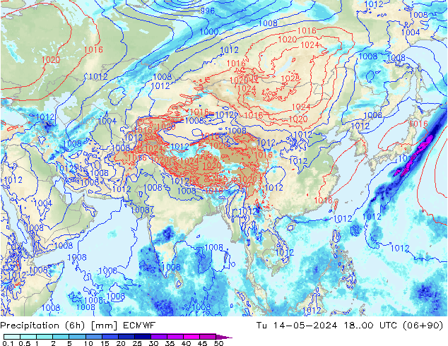 Precipitation (6h) ECMWF Út 14.05.2024 00 UTC