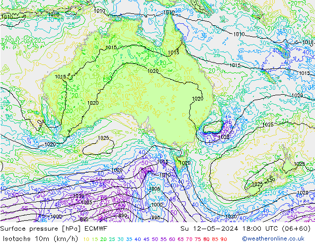 Eşrüzgar Hızları (km/sa) ECMWF Paz 12.05.2024 18 UTC