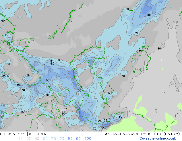 Humidité rel. 925 hPa ECMWF lun 13.05.2024 12 UTC