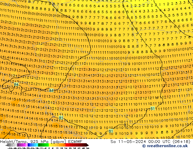 Height/Temp. 925 hPa ECMWF Sa 11.05.2024 00 UTC