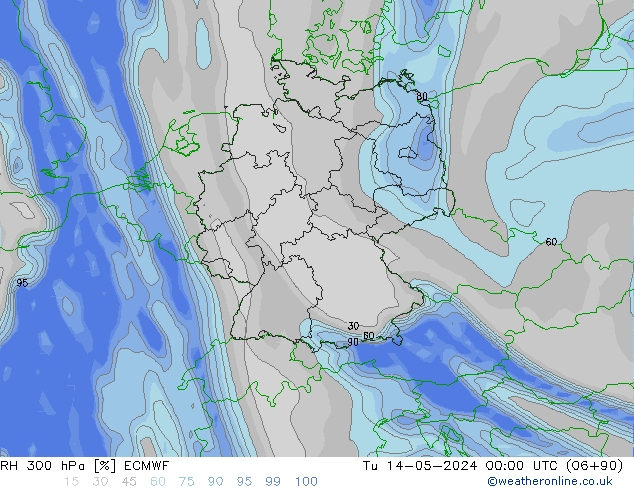 RH 300 hPa ECMWF Tu 14.05.2024 00 UTC