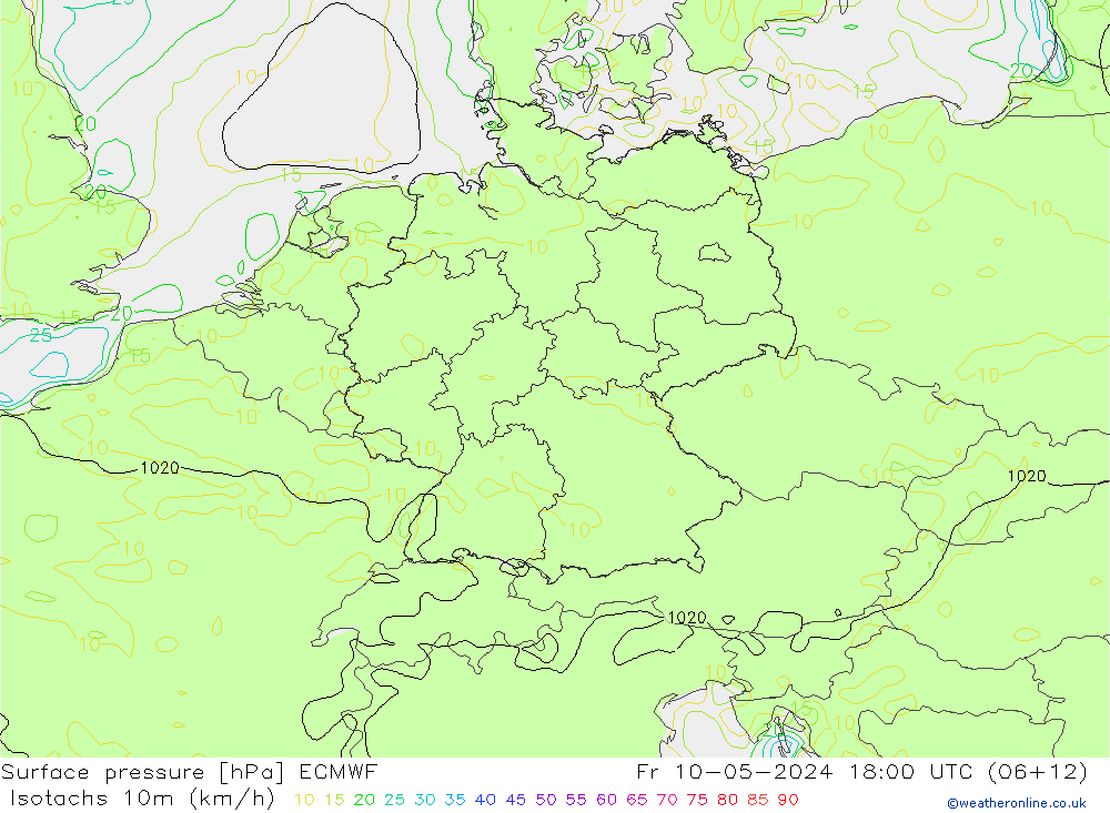 Isotachs (kph) ECMWF пт 10.05.2024 18 UTC