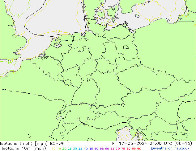 Isotachs (mph) ECMWF Fr 10.05.2024 21 UTC