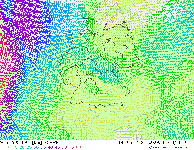 Wind 500 hPa ECMWF Di 14.05.2024 00 UTC