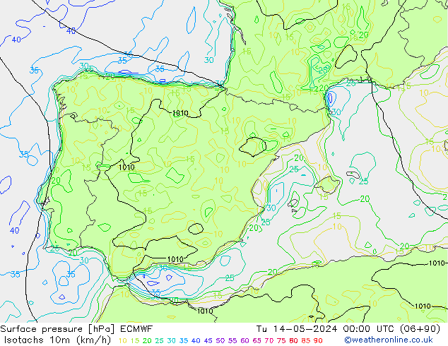 Isotachs (kph) ECMWF mar 14.05.2024 00 UTC