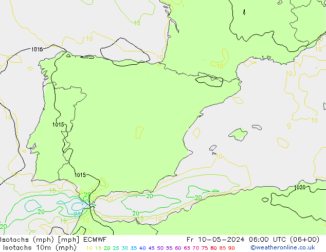 Isotachs (mph) ECMWF Fr 10.05.2024 06 UTC