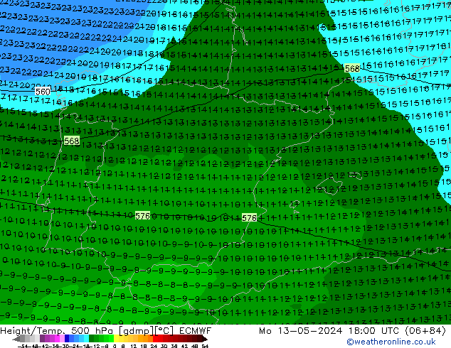 Z500/Rain (+SLP)/Z850 ECMWF Mo 13.05.2024 18 UTC