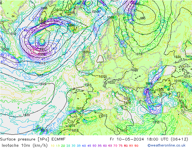 Isotachen (km/h) ECMWF Fr 10.05.2024 18 UTC