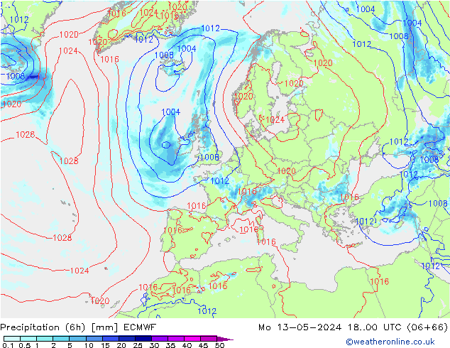 Z500/Rain (+SLP)/Z850 ECMWF pon. 13.05.2024 00 UTC