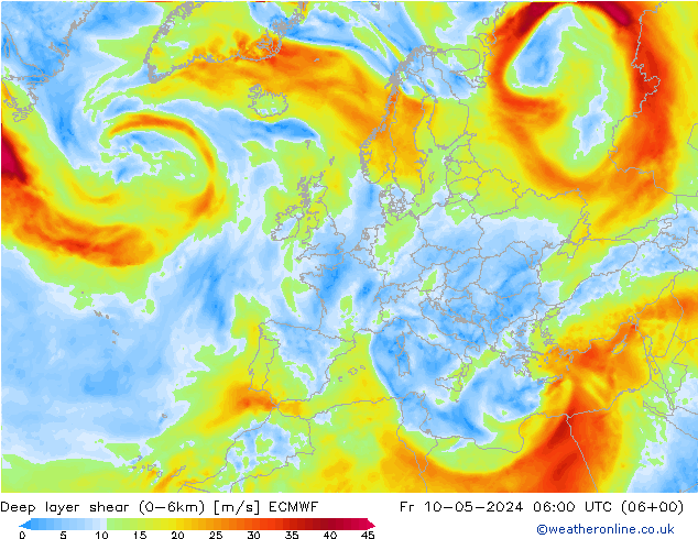 Deep layer shear (0-6km) ECMWF ven 10.05.2024 06 UTC