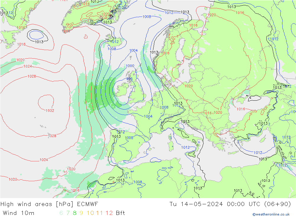 High wind areas ECMWF вт 14.05.2024 00 UTC