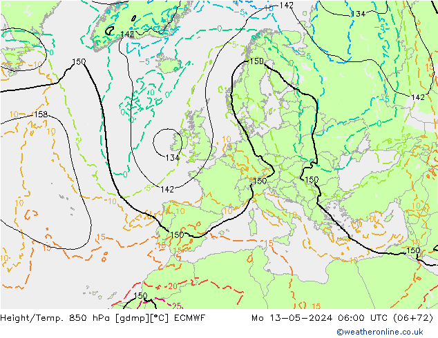 Yükseklik/Sıc. 850 hPa ECMWF Pzt 13.05.2024 06 UTC