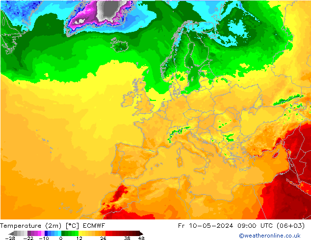 Temperaturkarte (2m) ECMWF Fr 10.05.2024 09 UTC