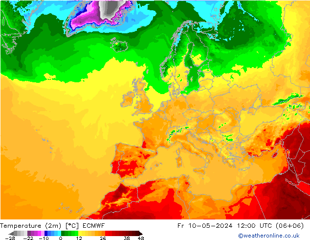 Temperatuurkaart (2m) ECMWF vr 10.05.2024 12 UTC