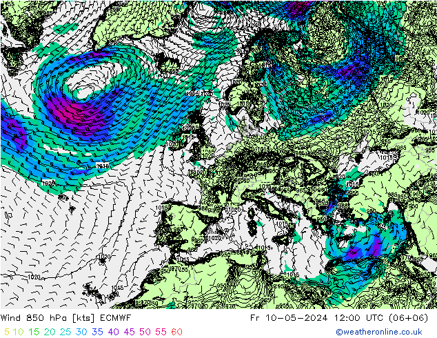 wiatr 850 hPa ECMWF pt. 10.05.2024 12 UTC