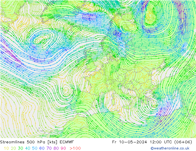 Linea di flusso 500 hPa ECMWF ven 10.05.2024 12 UTC