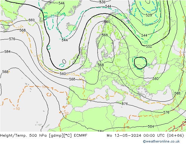 Z500/Rain (+SLP)/Z850 ECMWF pon. 13.05.2024 00 UTC