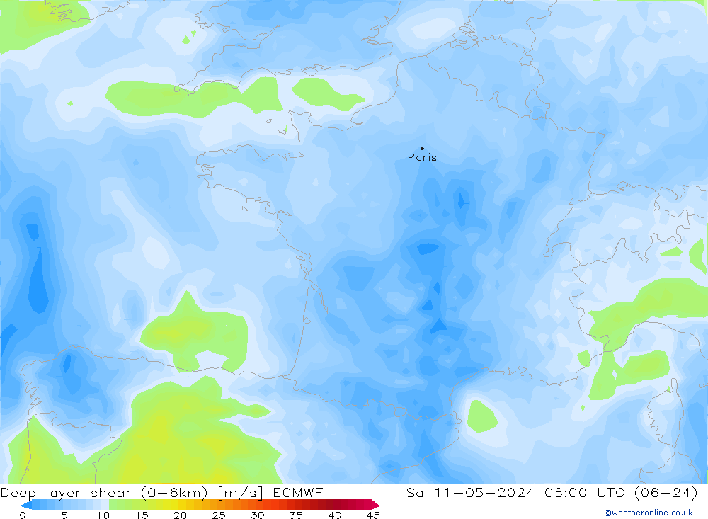 Deep layer shear (0-6km) ECMWF Cts 11.05.2024 06 UTC