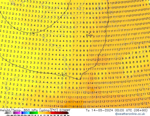 Yükseklik/Sıc. 850 hPa ECMWF Sa 14.05.2024 00 UTC