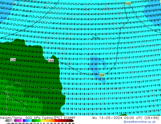 Z500/Rain (+SLP)/Z850 ECMWF Po 13.05.2024 00 UTC