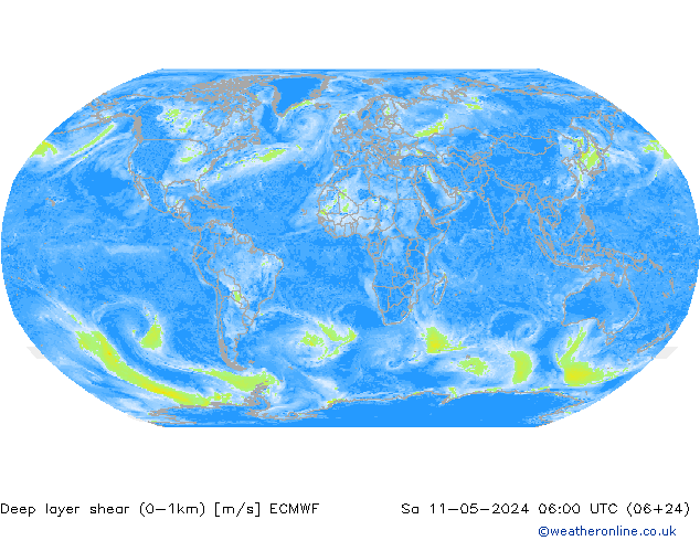 Deep layer shear (0-1km) ECMWF sáb 11.05.2024 06 UTC