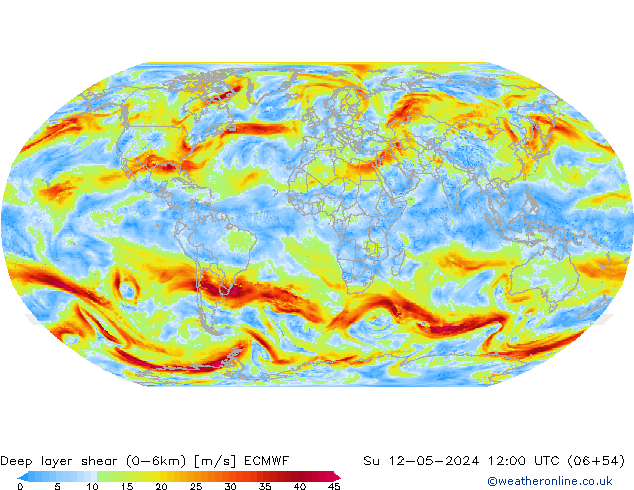 Deep layer shear (0-6km) ECMWF Su 12.05.2024 12 UTC