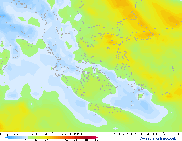 Deep layer shear (0-6km) ECMWF Tu 14.05.2024 00 UTC