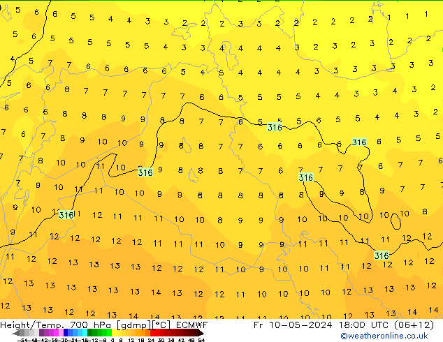 Hoogte/Temp. 700 hPa ECMWF vr 10.05.2024 18 UTC